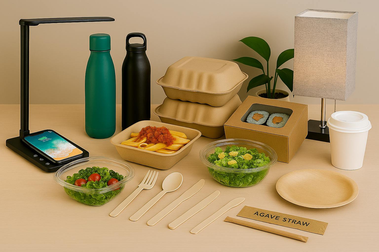 Table setting with reusable and eco-friendly products including plates, bowls, and water bottles.